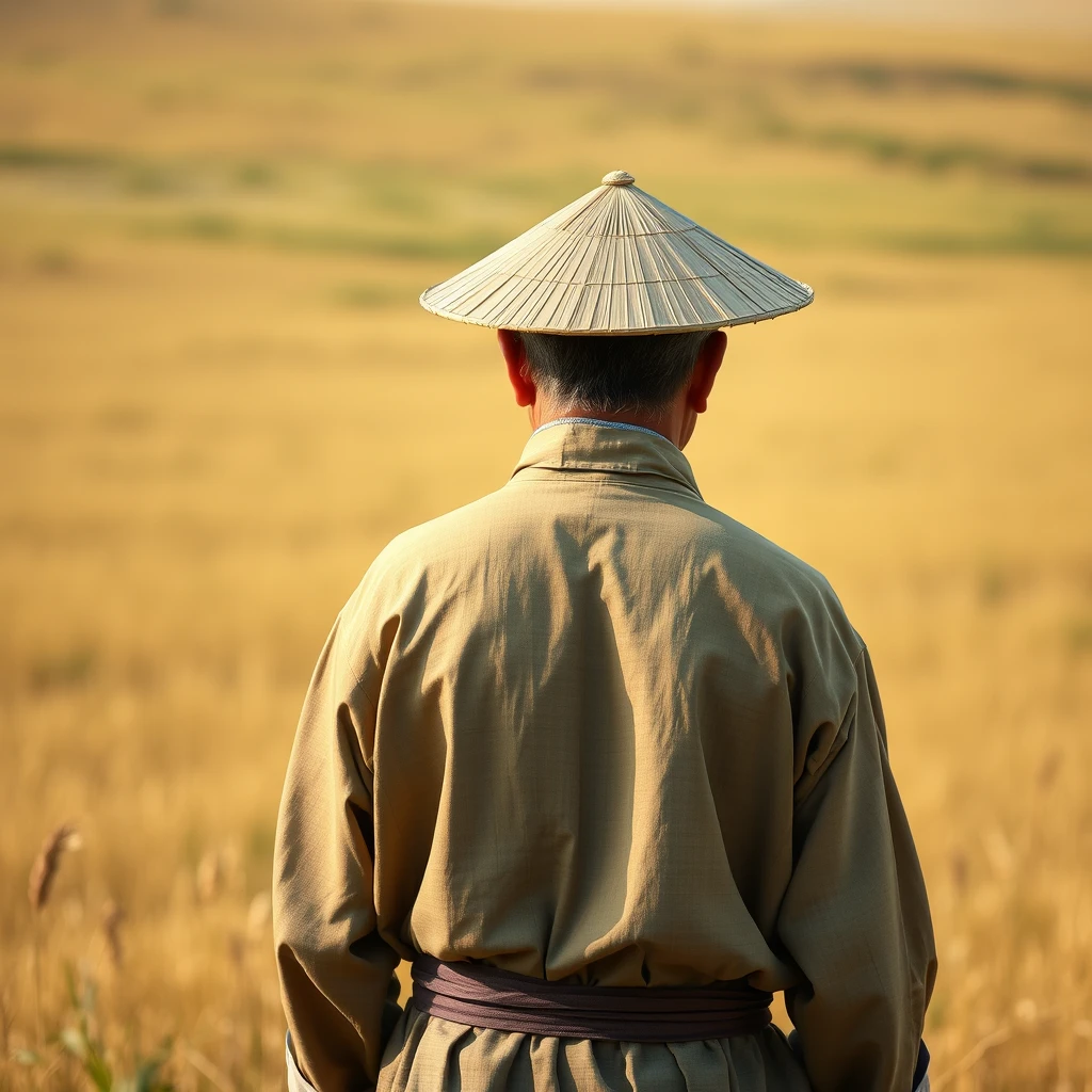 The background is a field, depicting the back of a middle-aged Asian man dressed in exquisite ancient peasant clothes and a simple straw hat.