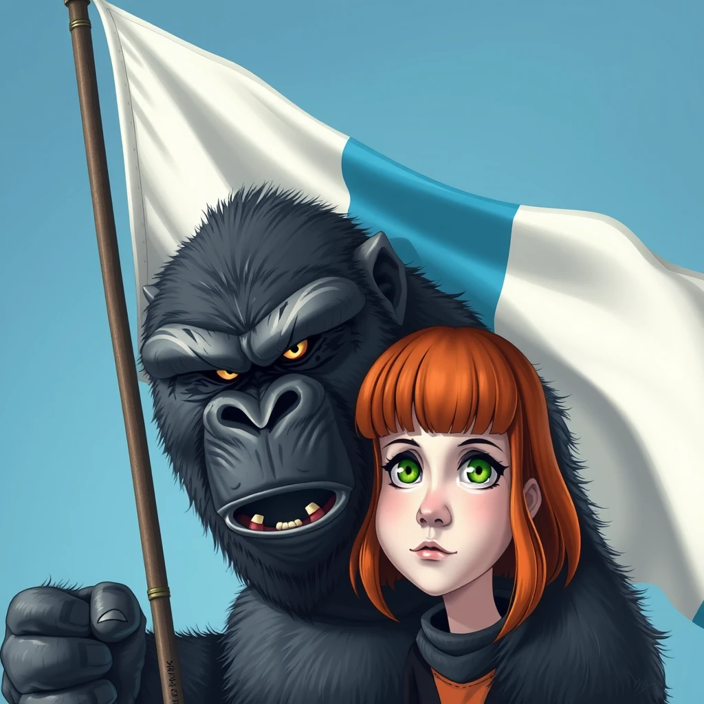 A fierce gorilla holding a three-striped flag in light blue, white, and light blue colors next to a cute ginger-haired teenage girl with green eyes and bangs.