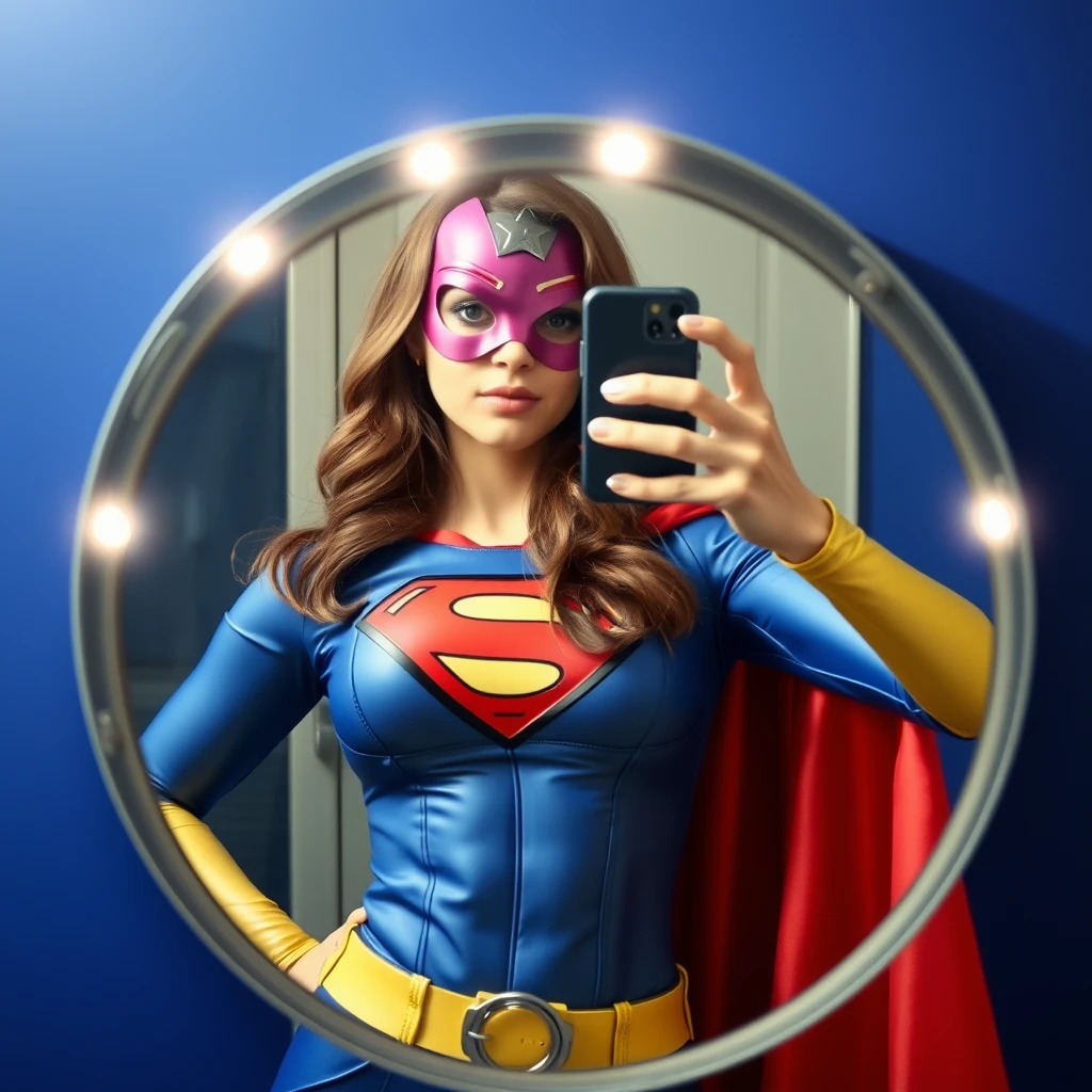 Phone photo: A woman superhero stands in front of a mirror capturing a selfie.