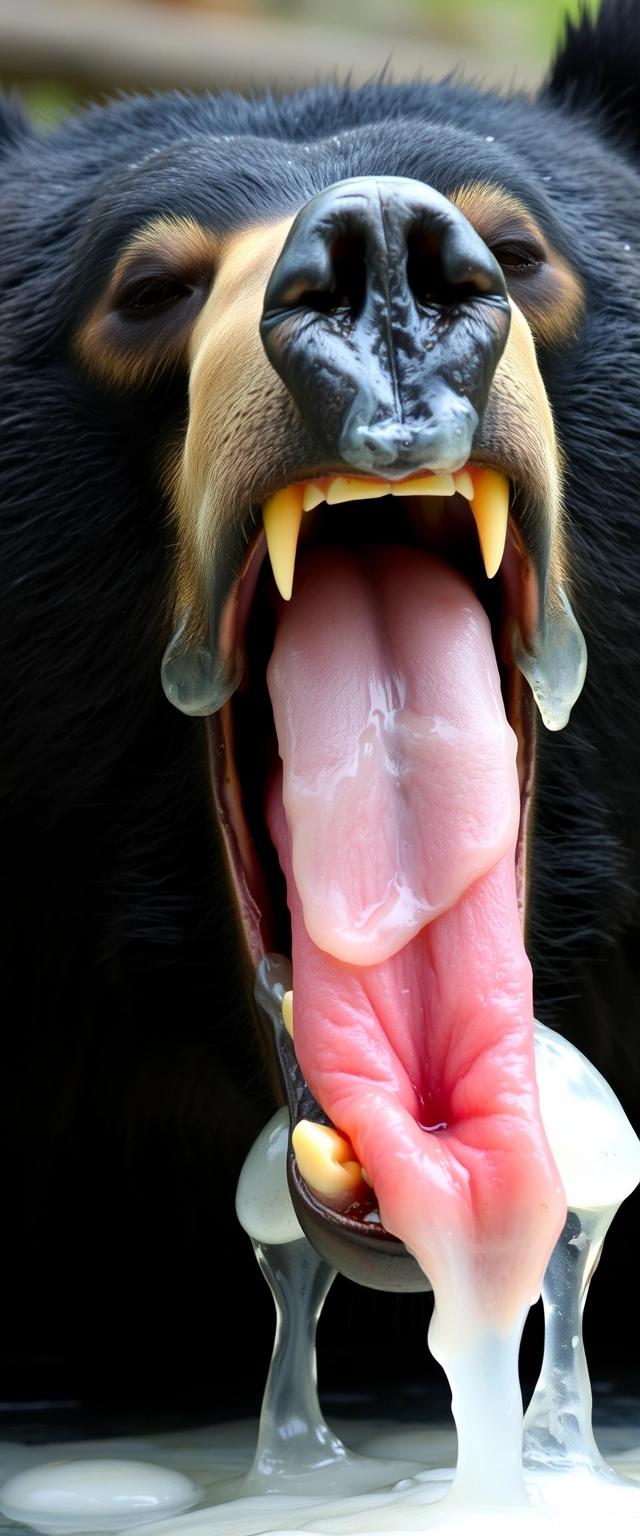 The black bear opens its mouth wide, showing sharp teeth that are very pointed. Its tongue is covered in saliva, and there is a lot of saliva, filling its whole mouth. The saliva is white with hints of yellow and red, moistening its fur. The veins in its mouth can be seen, and there are multiple tongues visible, allowing a clear view of the throat's interior. - Image