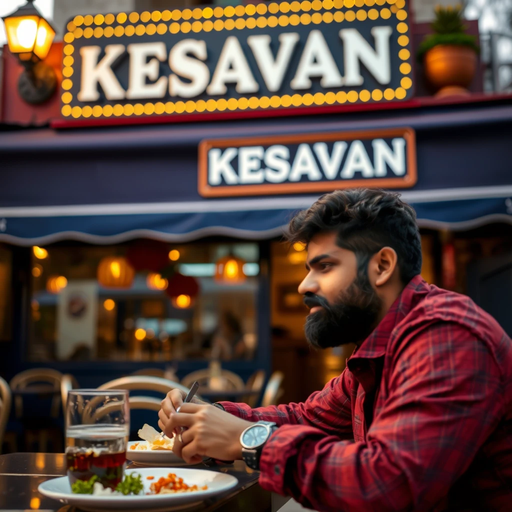 An Indian guy eating at a traditional aesthetic Indian restaurant with signage written "KESAVAN," bokeh, golden hour, outdoor, dark blue and maroon theme color. - Image