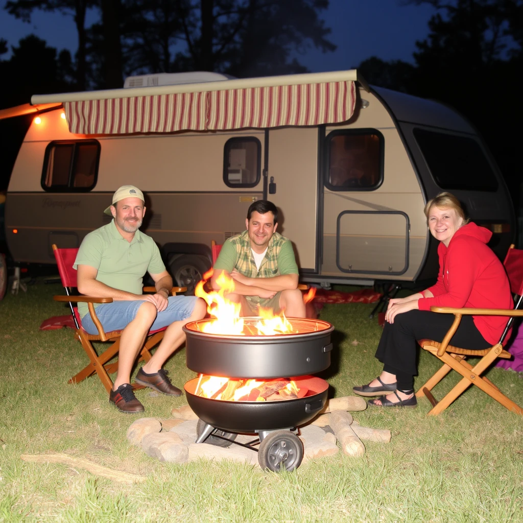 Happy campers sitting around the BBQ