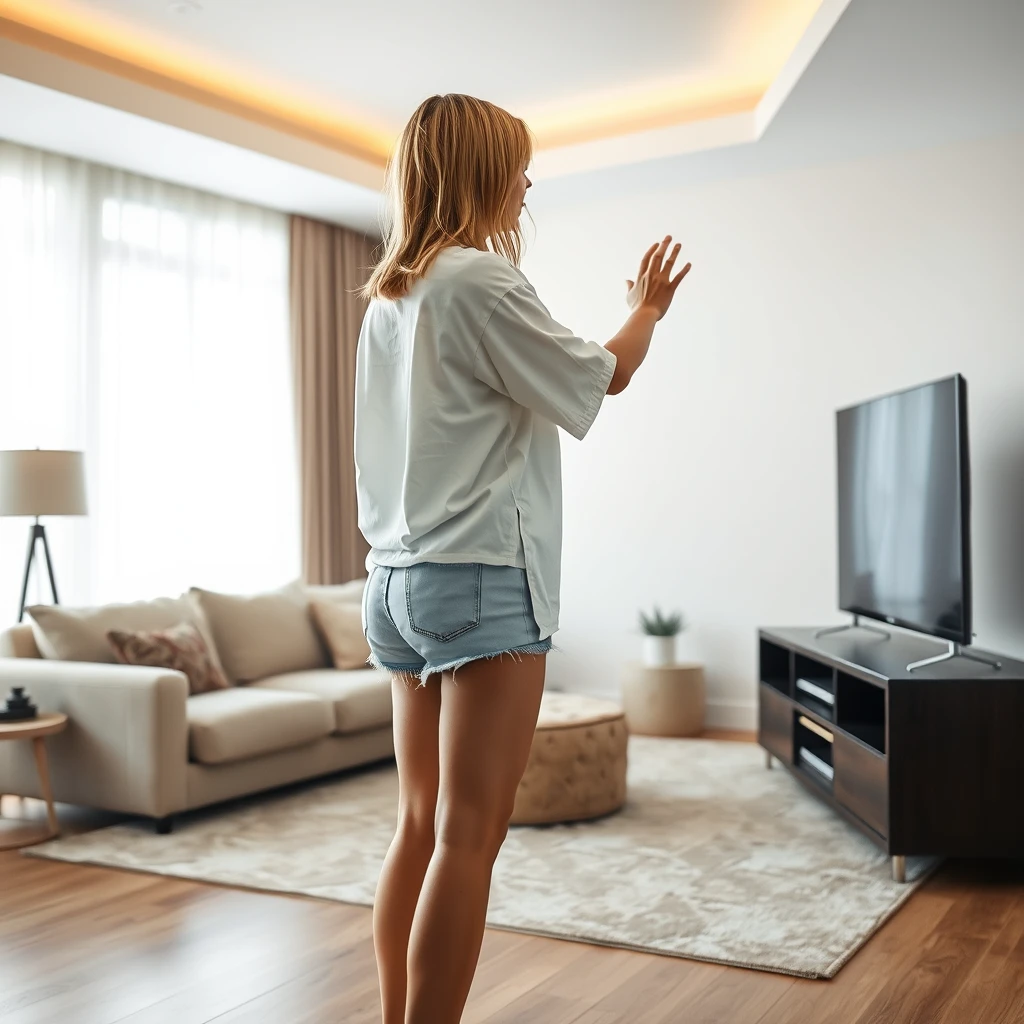 Side view of a blonde skinny woman who is in her massive living room wearing a massively oversized white short sleeve shirt and light blue denim shorts, and she is wearing no shoes or socks. She is facing her TV, and both her hands go through the screen when they touch it.