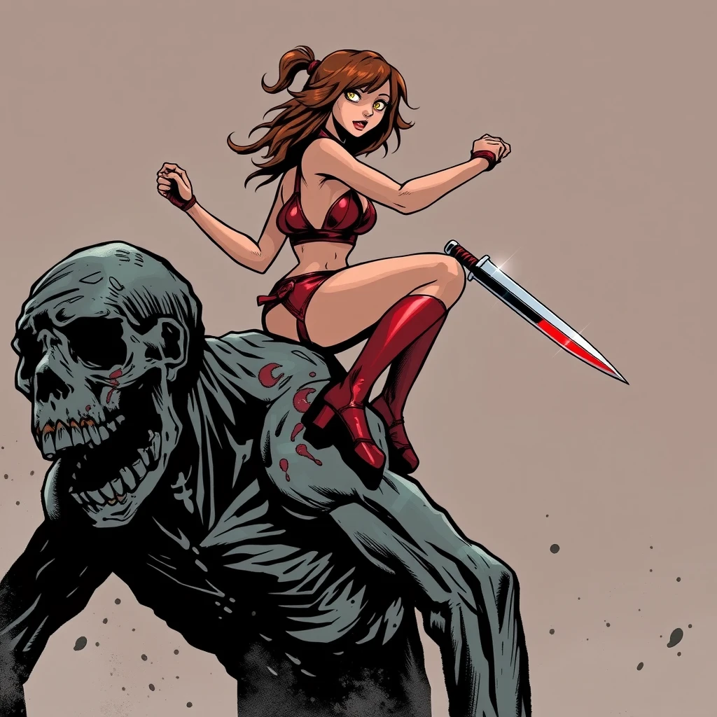 A girl in red sexy battle leather underwear rides on a zombie's shoulder, holding a stab and ready to kill him. Comic, Ada Wong.