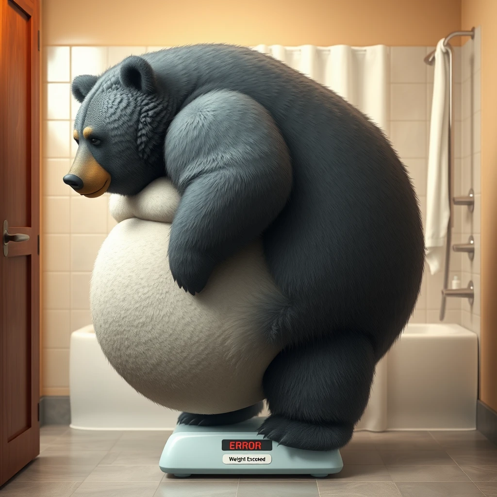 Quarter view, anthropomorphic obese gray bear, standing on a large scale that reads "error! Weight Exceeded". Gray and black fur with tan and white fur markings. He has a heavyset body. Wide fat bottom. Fat wide double chins. Full body. Uncropped. Fluffy fur. In bathroom before taking a shower.