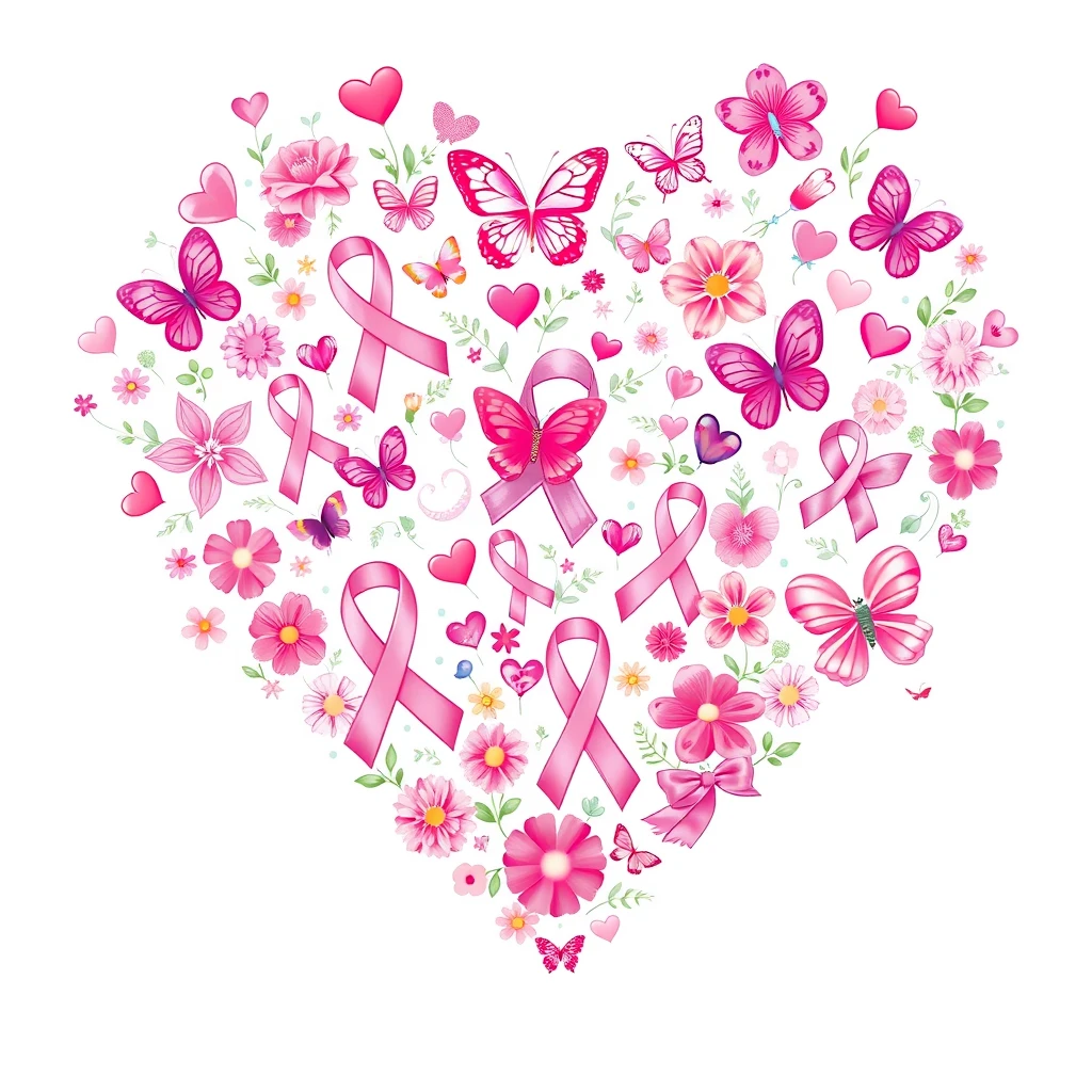 Create a vibrant and uplifting illustration of a heart made up of various pink breast cancer awareness ribbons, butterflies, flowers, and hearts. The design should be colorful, predominantly using shades of pink, and arranged in a way that forms the shape of a heart. The style should be detailed and celebratory, symbolizing hope, support, and awareness for breast cancer. - Image