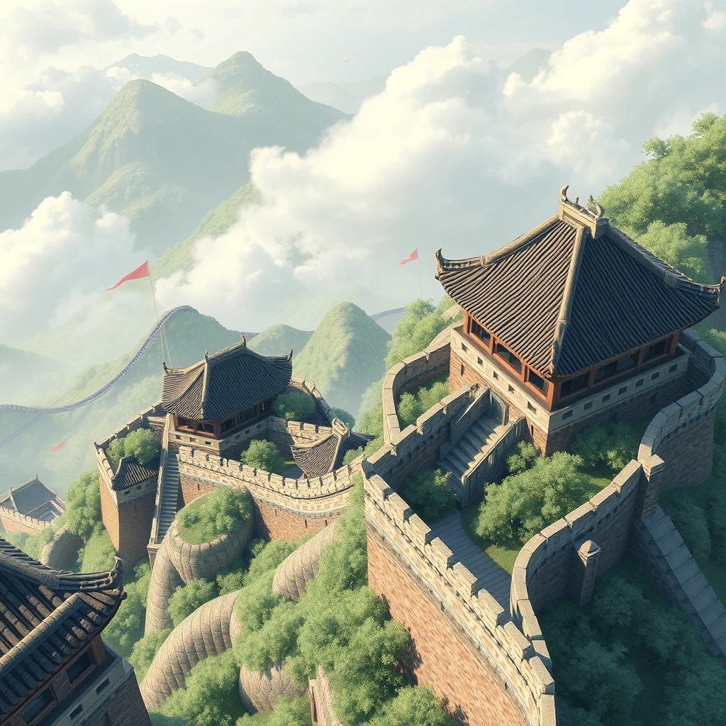 Ancient Chinese architecture, city wall, top view, vertical perspective, animation style, thick coating, national style game style.