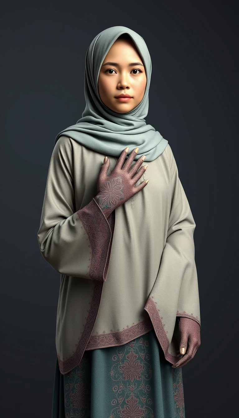 A 3D, 8k depiction of a Muslim woman from Palembang, wearing a traditional long songket and a long gown (gamis). She is adorned with a hijab that covers her chest and wears batik gloves covering her hands.