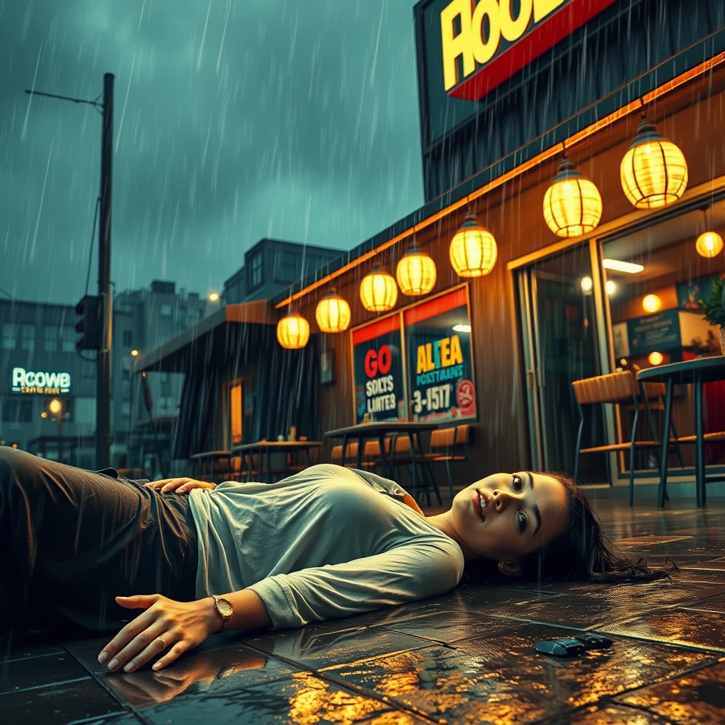 A strong man is outside a restaurant in a storm, she is lying on the ground, and she is soaking wet.