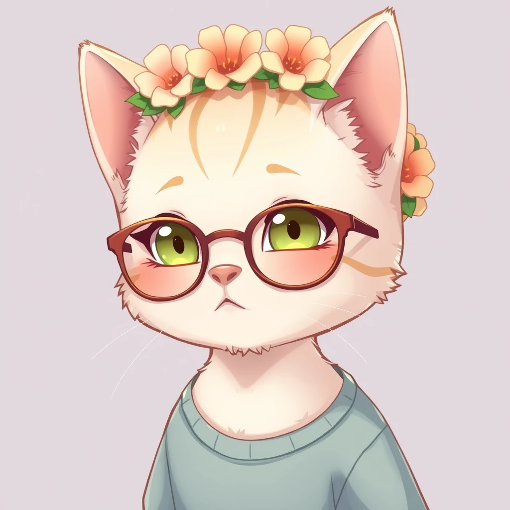 cute anime cat boy, pastel, wearing glasses and a flower crown - Image