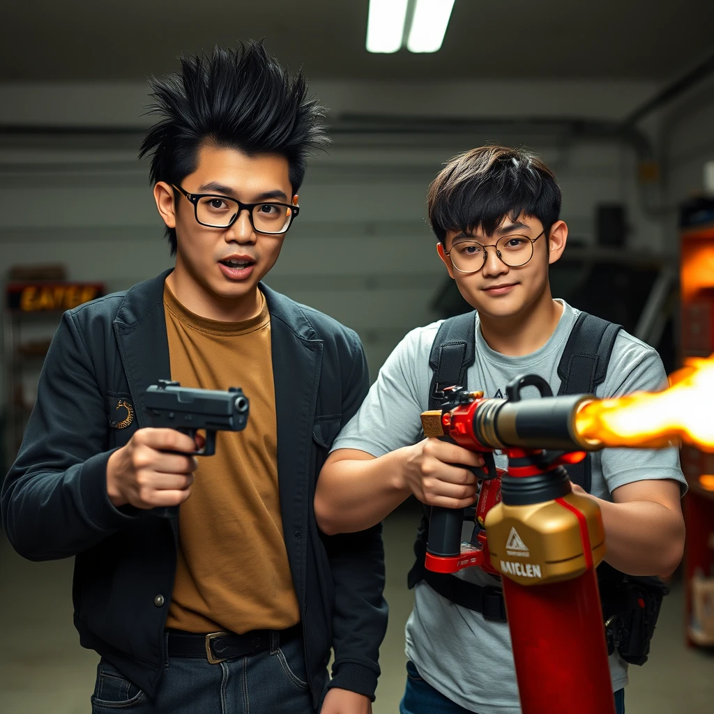 21-year-old white Chinese man wearing square glasses, long black mullet, holding a pistol; 21-year-old white Italian man wearing round glasses, short hair, holding a very large fire extinguisher flamethrower, garage setting.