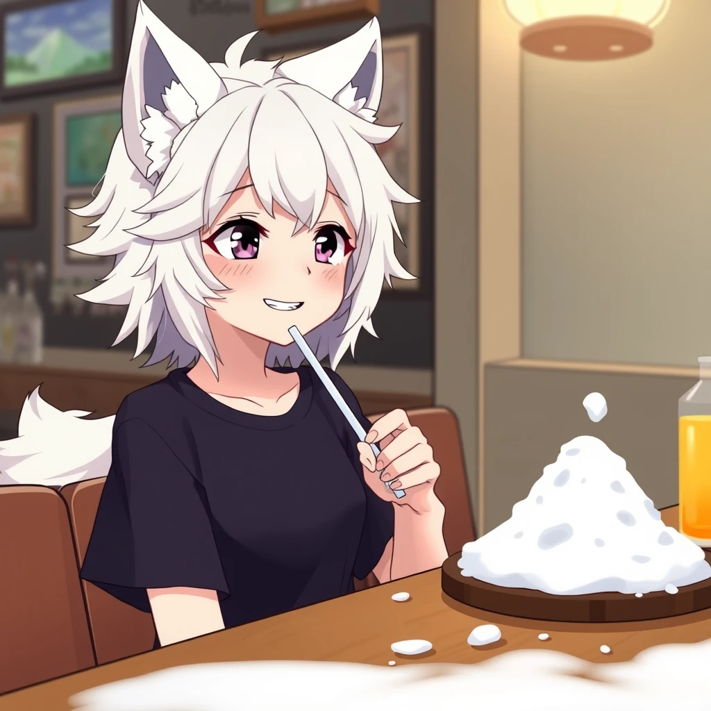 Cute teen anime girl with fluffy wolf ears and a fluffy tail, white messy medium hair, purple eyes, wearing a black t-shirt, sitting at the table in a bar. On the table is one tiny mountain of snow. The girl looks with a big crazy smile at the snow and has a straw in her right hand. She has a bit of snow under her nose. - Image