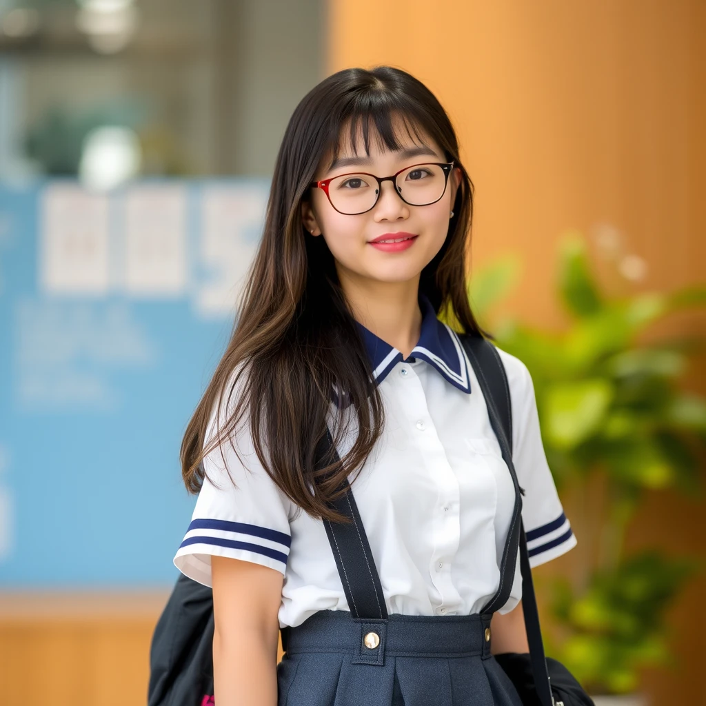 A 24-year-old Chinese girl wearing a suspender skirt and JK uniform, wearing glasses.