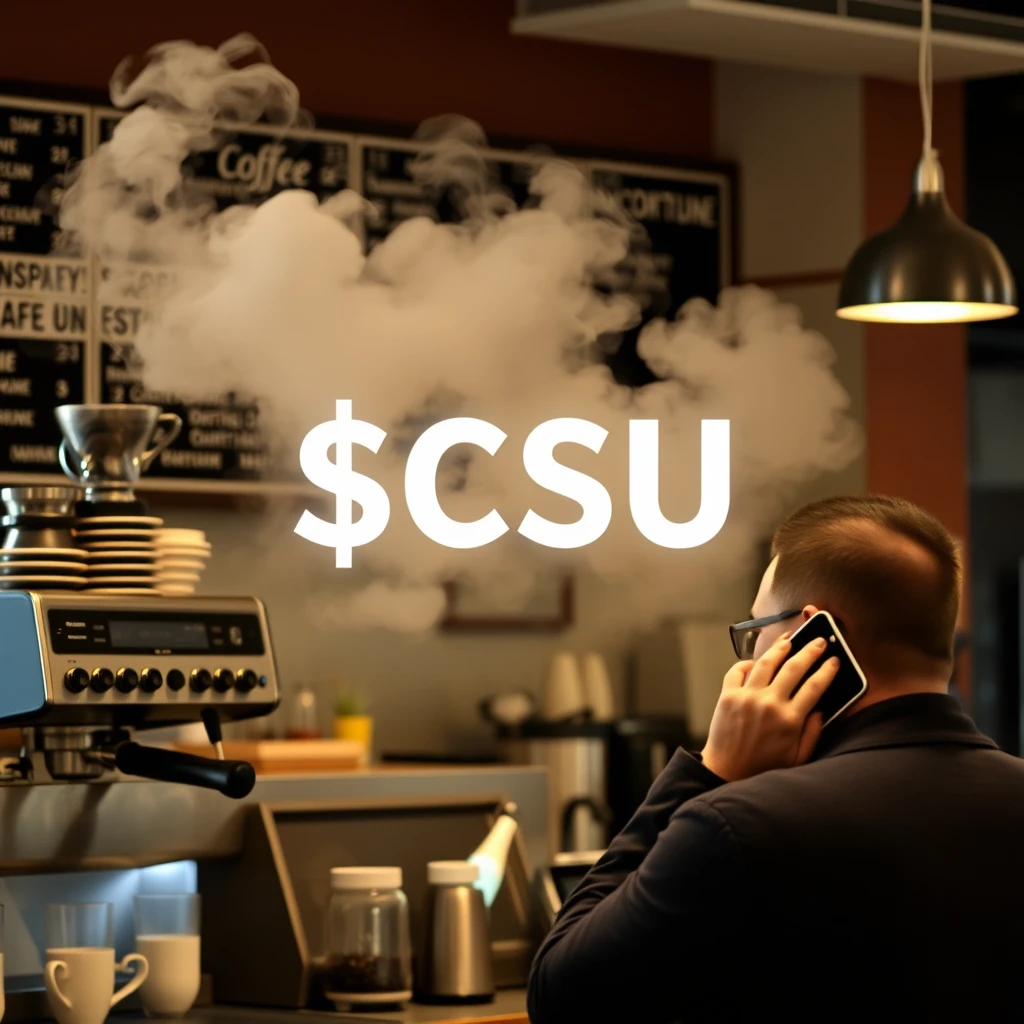 Man on cell phone at a coffee shop. A word $CSU rising in smoke above the coffee machines. - Image