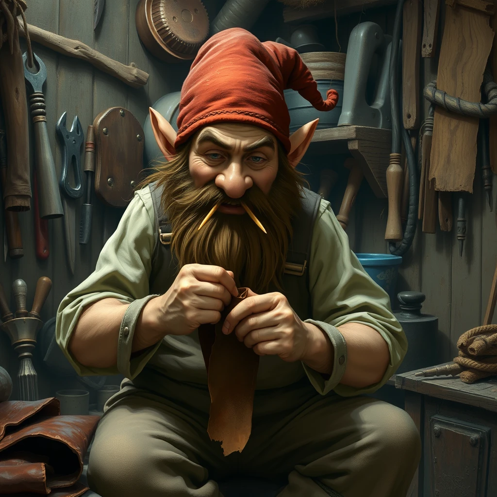 A dwarf with leather overalls sewing two dark brown pieces of leather together in a dingy shop filled with tools while chewing on a toothpick.