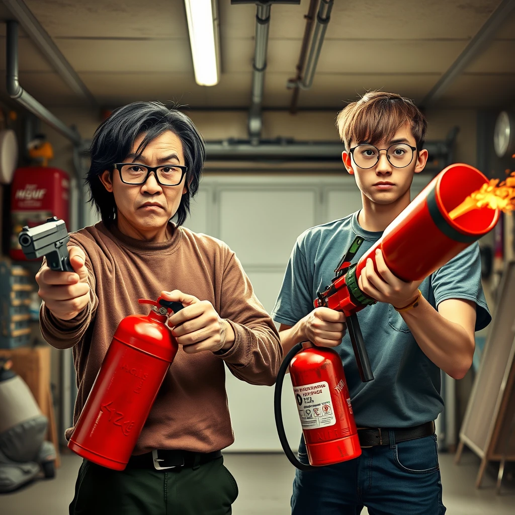 21 year old white thin long face northern Chinese man with square chin, wearing square glasses, holding a pistol, "medium/long length hair"; 21 year old white Caucasian man wearing round glasses and short hair holding a very large fire extinguisher flamethrower; garage setting; both angry. - Image