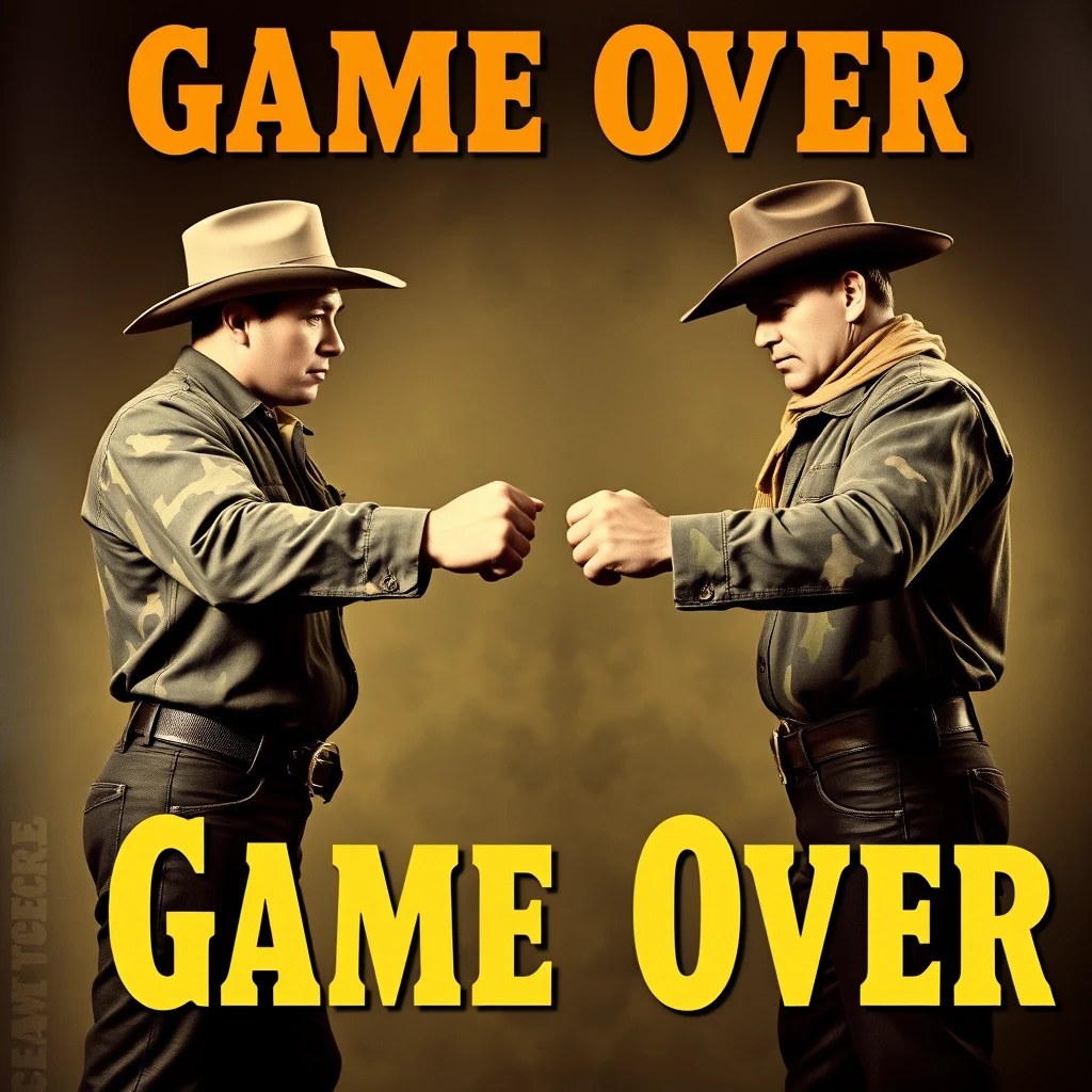 Photo of movie poster titled "Game Over". Probably taken in the 1920s. Two cowboys are facing each other before a duel. Their hands are drawn as fists. They are posing in a boxing inspired stance. Dressed in camo fashion... - Image