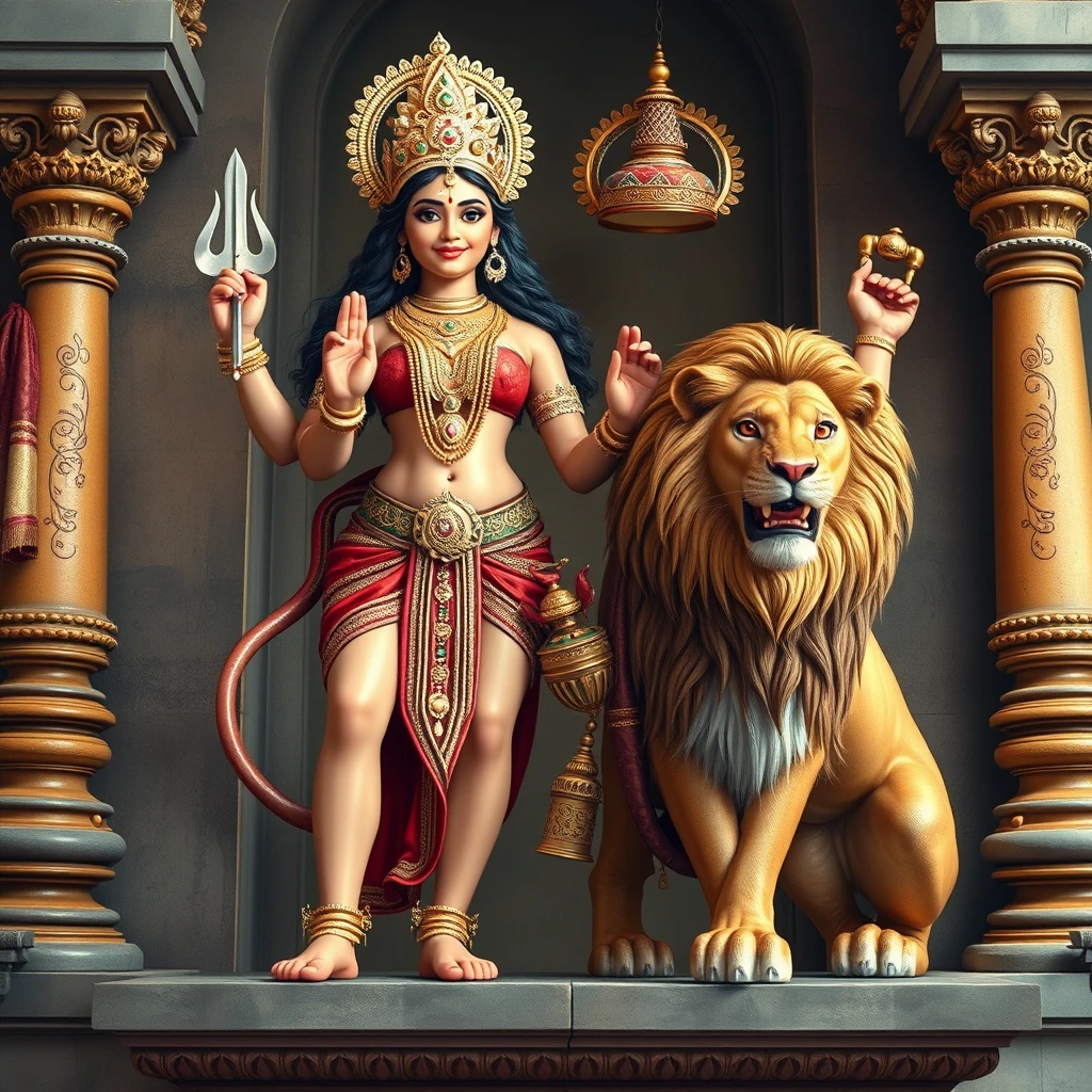 sexy looking youthful goddess Kamakshi with four arms, standing next to affectionate male lion on temple altar