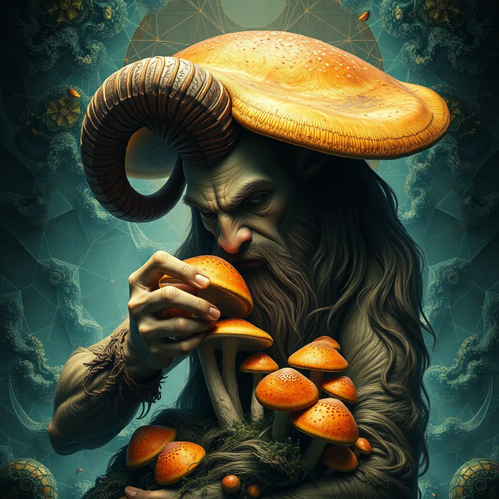 satyr eating mushrooms and breaking through to another dimension full of geometric fractal patterns, hd photography