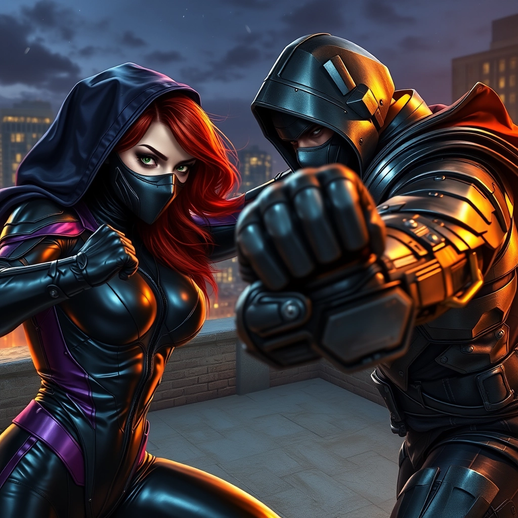 Female redhead with green eyes and a black metallic mask covering her face, wearing metallic black and purple futuristic spandex, is throwing a punch at a tall man in heavy metallic armor with a black hood and cape on a futuristic nighttime rooftop, in a dynamic and realistic manner. - Image