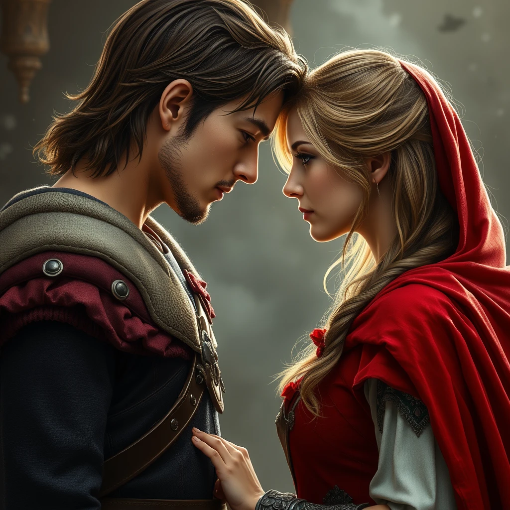 "Photo realistic: Fantasy heroine with a red cloak greets a hero forehead to forehead."