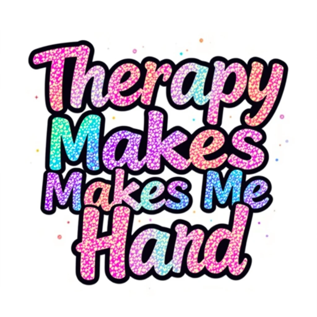 T-shirt design of fantastic vibrant glittery with an iridescent effect but ethereal text that says "Therapy Makes Me Hard" with each word a different vibrant color. - Image