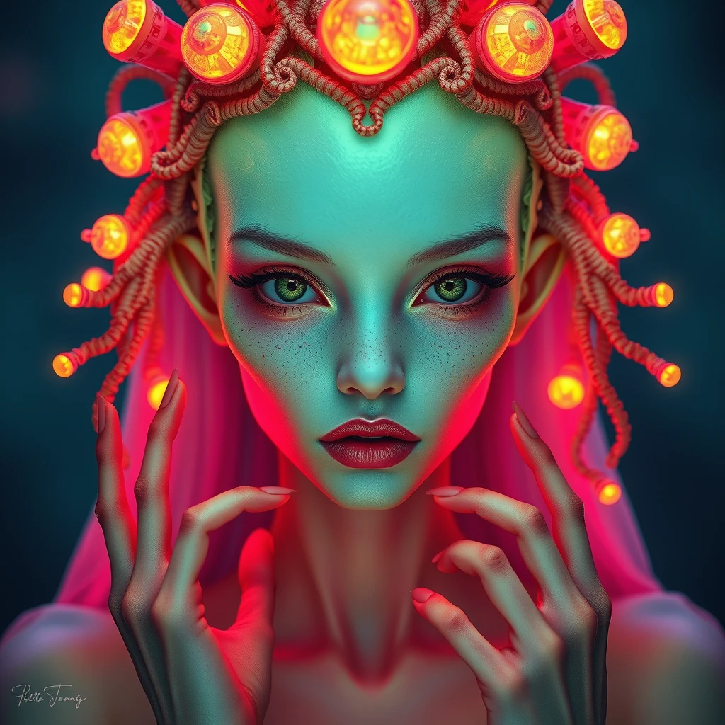 (vibrant neon colors) Ethereal beautiful alien-human hybrid, bioluminescent skin. Ornate organic crown with iridescent translucent nodules. Piercing green eyes, elongated features. Intricate bone-like structures, glowing backlit features. Delicate hands framing face. Pale mint complexion, freckles. Flowing seafoam garment. Hyper-detailed textures, otherworldly beauty. Surreal and dreamlike atmosphere, cinematic lighting. - Image