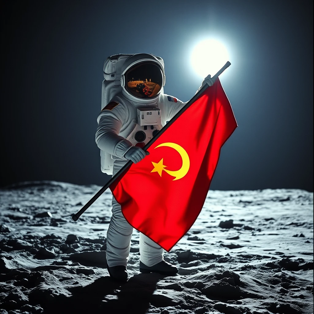 Cosmonaut holding a Soviet flag on the Moon