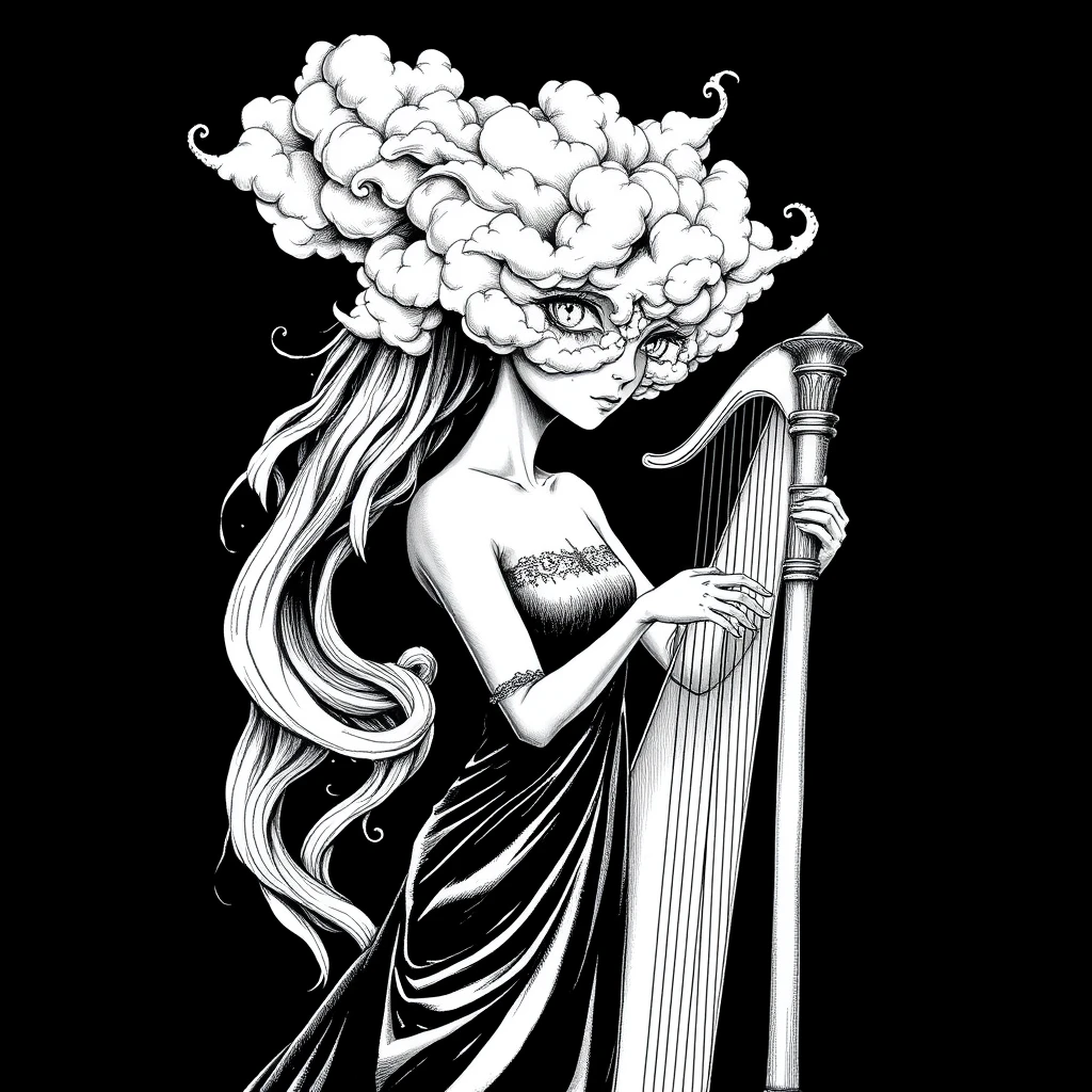 Black and white ink drawing of an elegant female figure with hair made of clouds, holding the glowing eyes from her head in one hand while she plays a harp in the style of Mark Riddick, t-shirt design, surrealism, surreal style, black background, hyper realistic, high resolution.