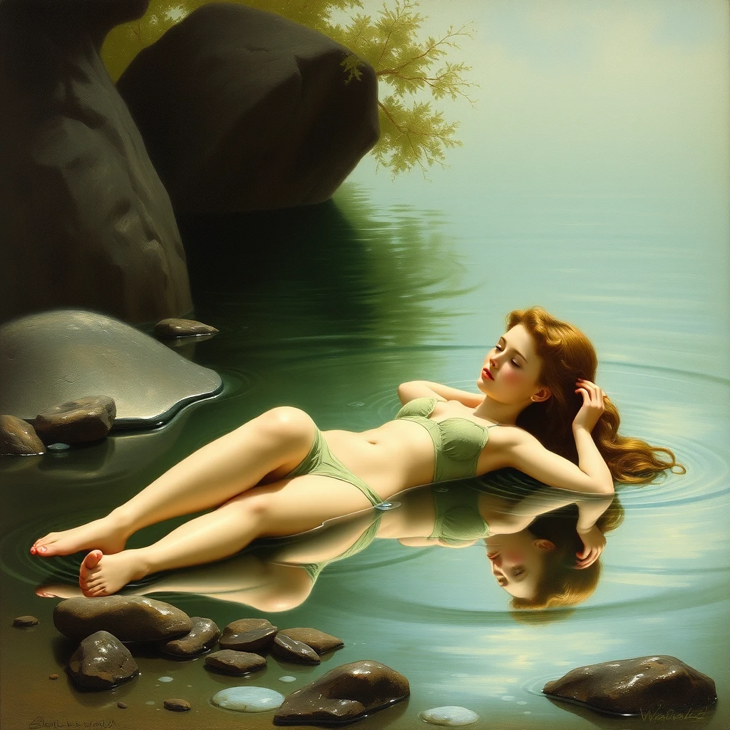 A nymph lies at the water's edge, eyeing her reflection, a painting by Arthur Sarnoff. - Image