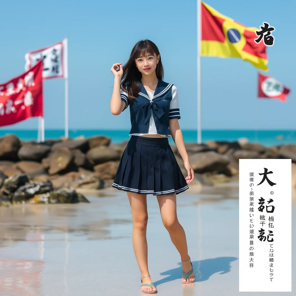 A beautiful woman wearing a school uniform skirt is at the beach, and you can see her entire body. There are flags and Chinese characters, as well as Japanese characters. Note that you must be able to see the whole body of the beautiful woman, including her legs.