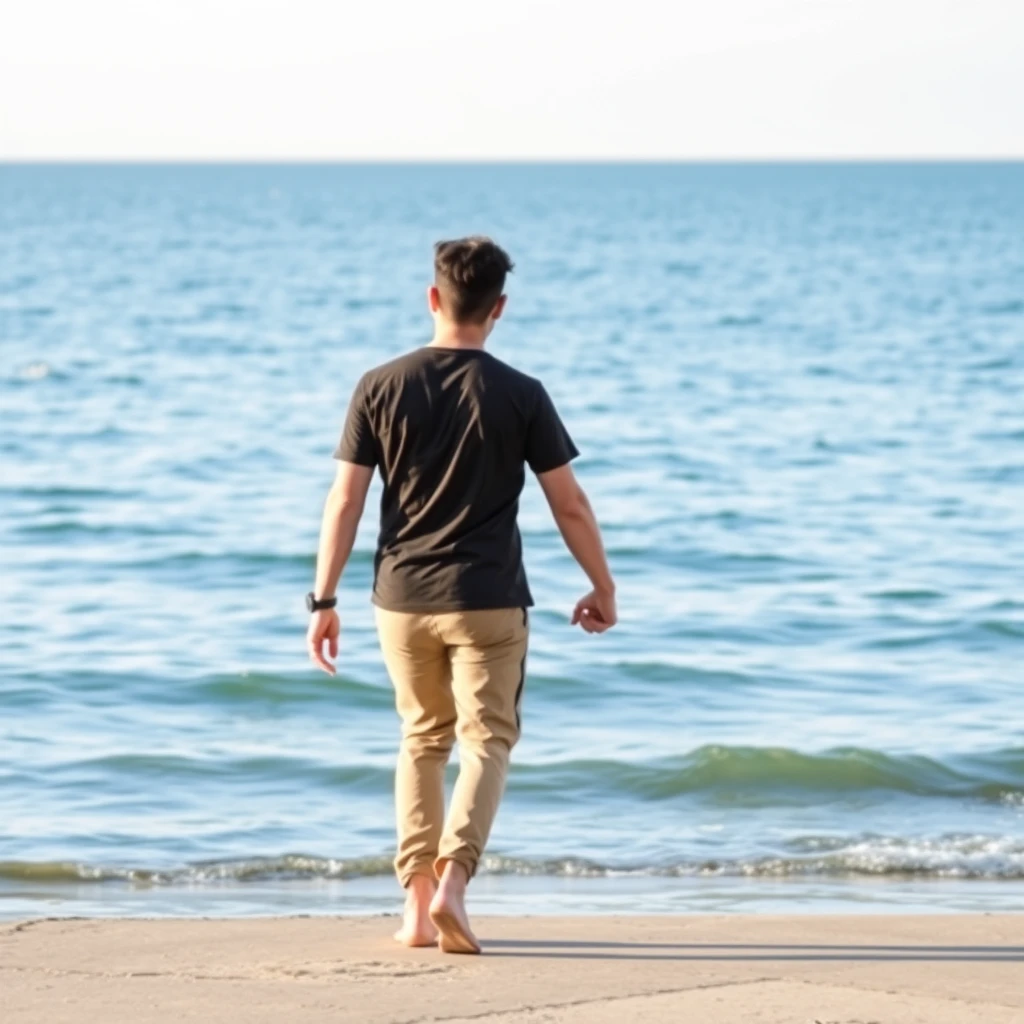 A couple is walking hand in hand by the seaside.