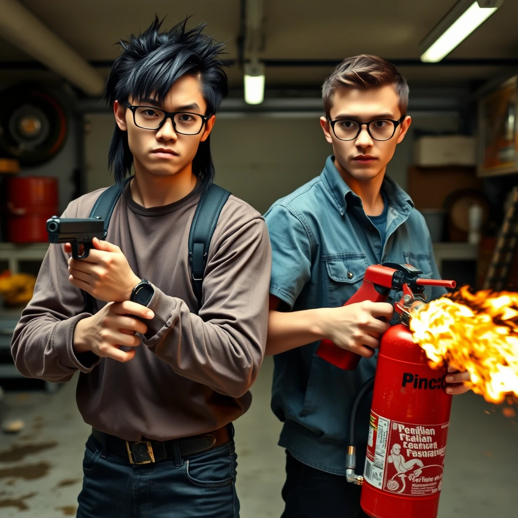 Two-person setting: "21-year-old Northern Chinese man with a thin, long face, wearing square glasses and mid/long black mullet hair, holding a pistol" and "21-year-old young white Italian man with round glasses and short hair, holding a very large fire extinguisher flamethrower," garage setting, both angry. - Image