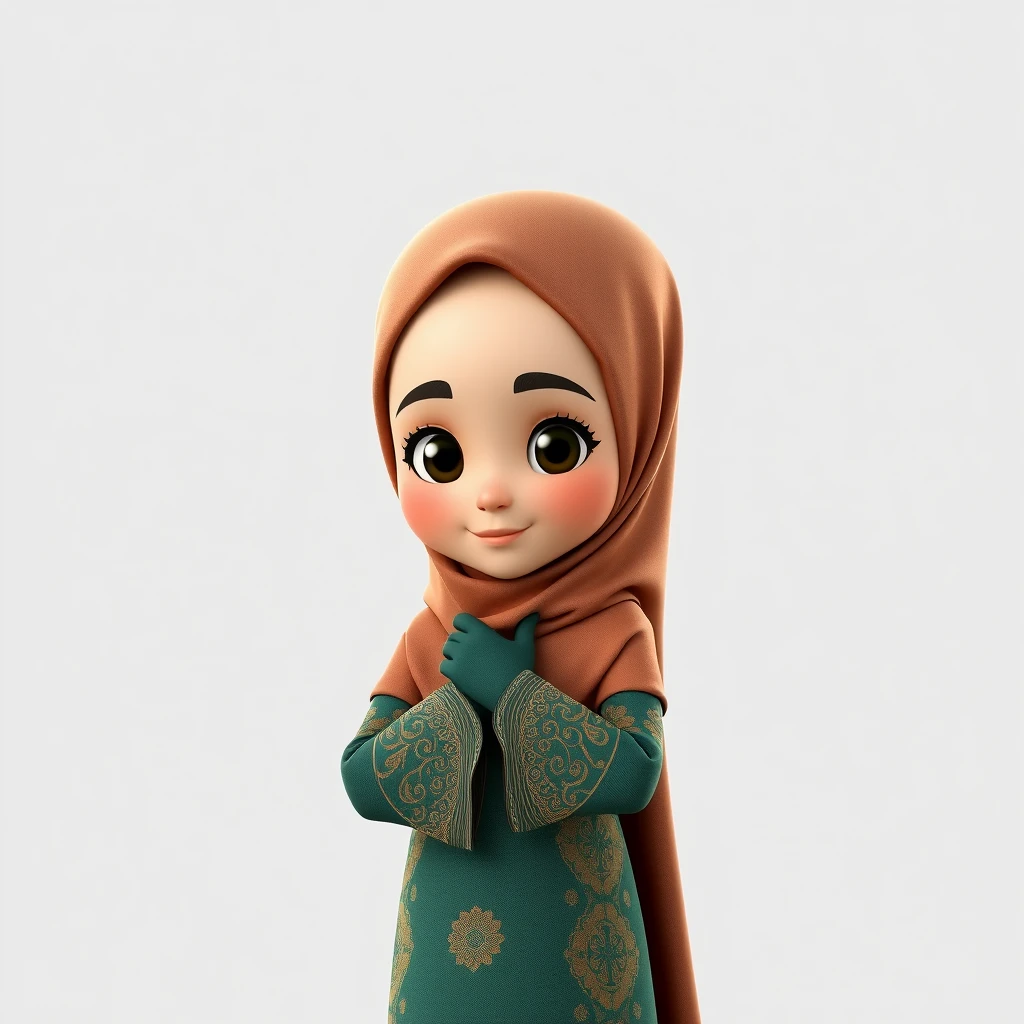 A 3D, 8k animated cartoon depiction of a Muslim woman from Palembang, wearing a traditional long songket and a long gown (gamis). She is adorned with a hijab that covers her chest and wears batik gloves covering her hands.