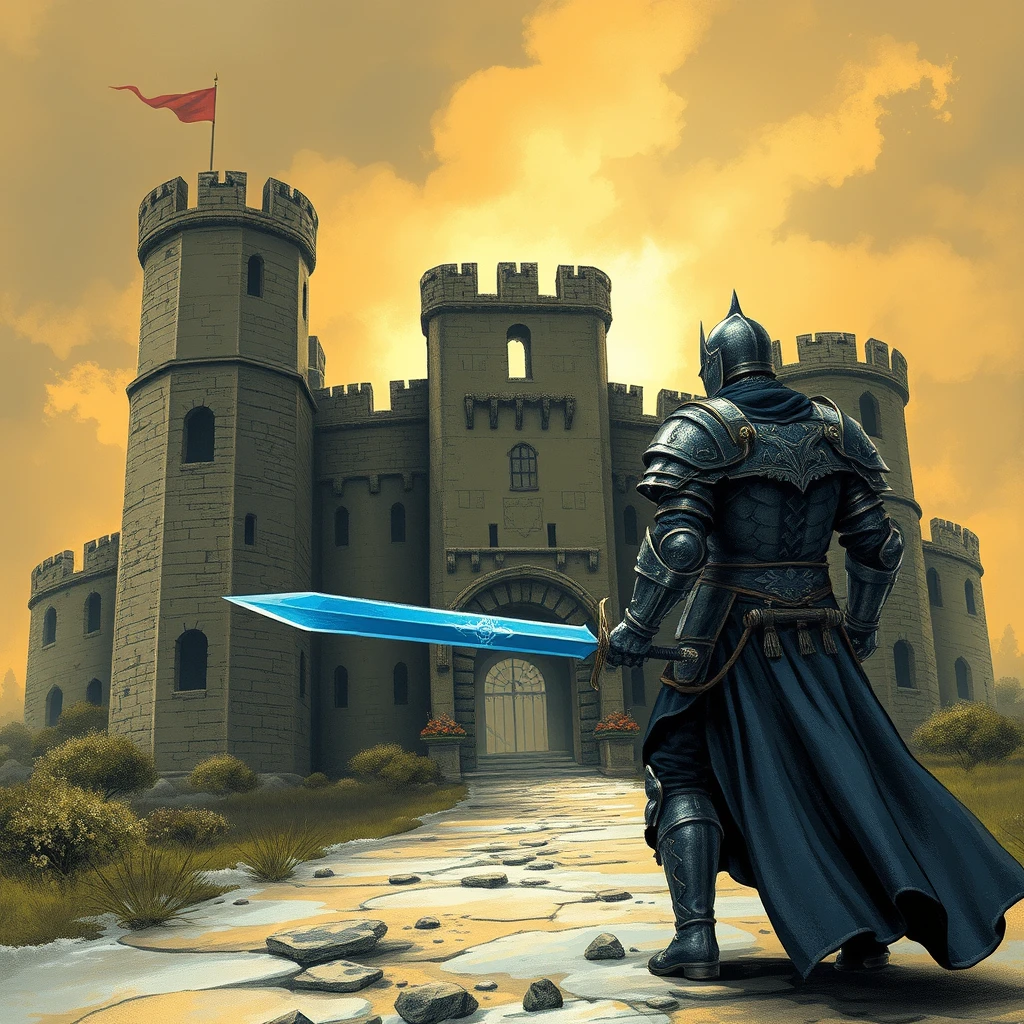 A fierce knight holding a sapphire sword approaches a battered castle. - Image