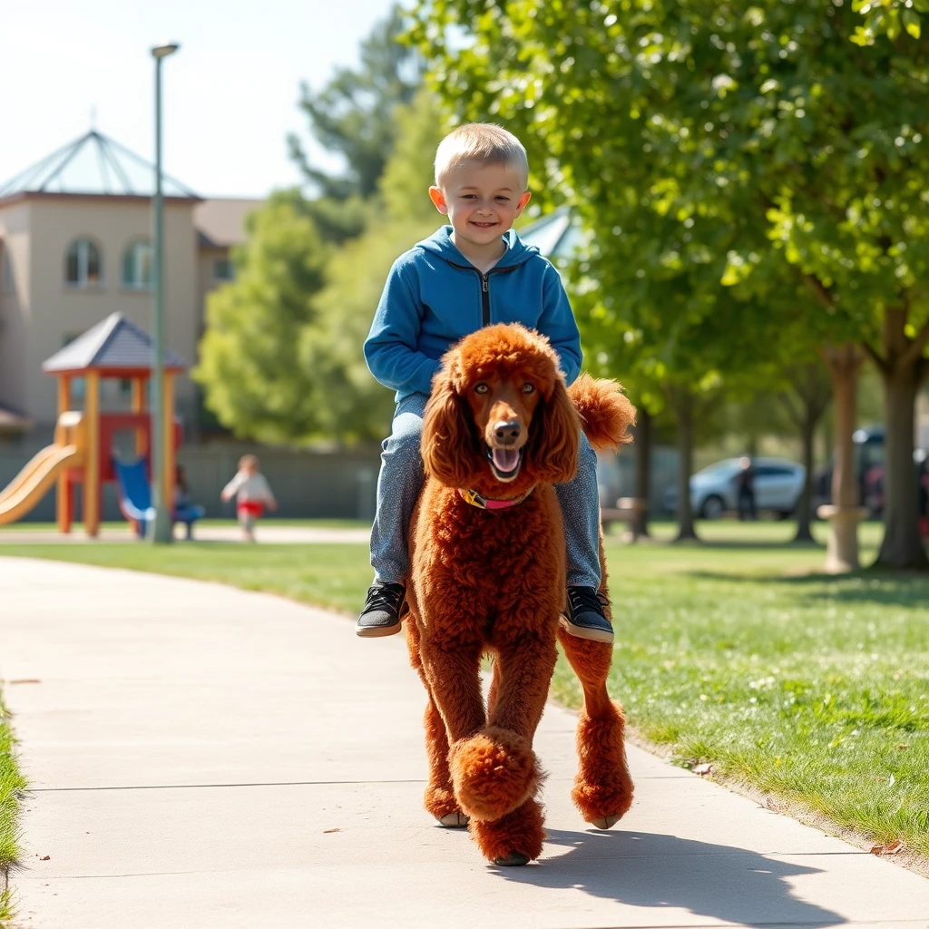 Four year old boy riding a red standard poodle, footpath, playground, clear day.