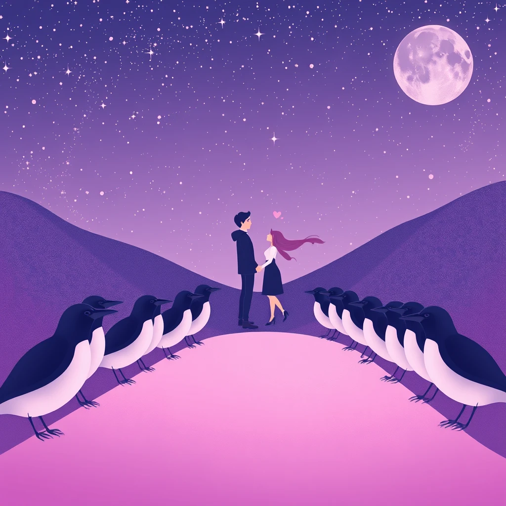 The scene depicts a couple standing on a bridge made of a line of magpies, with a backdrop of a star-filled night sky. The couple is dressed in modern-style clothing, and the entire image uses soft pinks, purples, and blues to create a romantic and cozy atmosphere. The style is modern with a touch of fantasy.