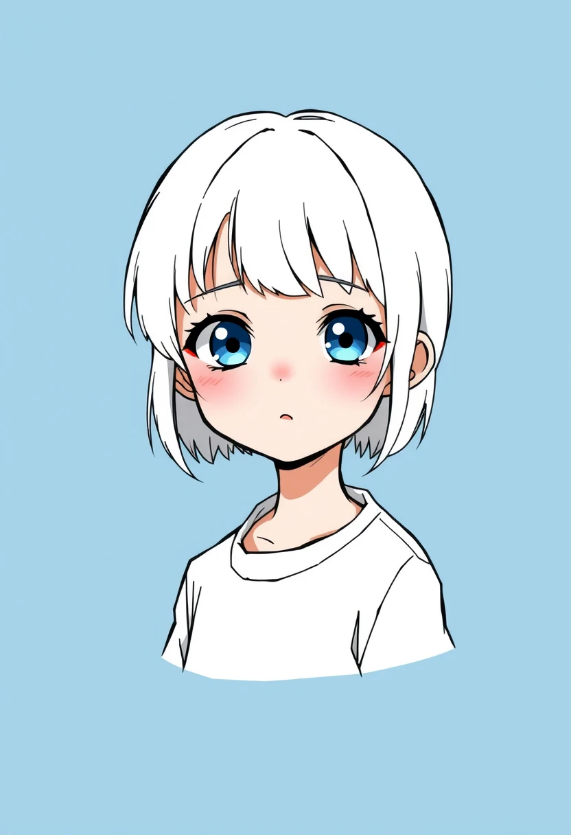 A cute little girl with short white hair, blue eyes, round face, bangs, wearing a white shirt, comic style, minimalist style, clean blue background, no black strokes, half body portrait.