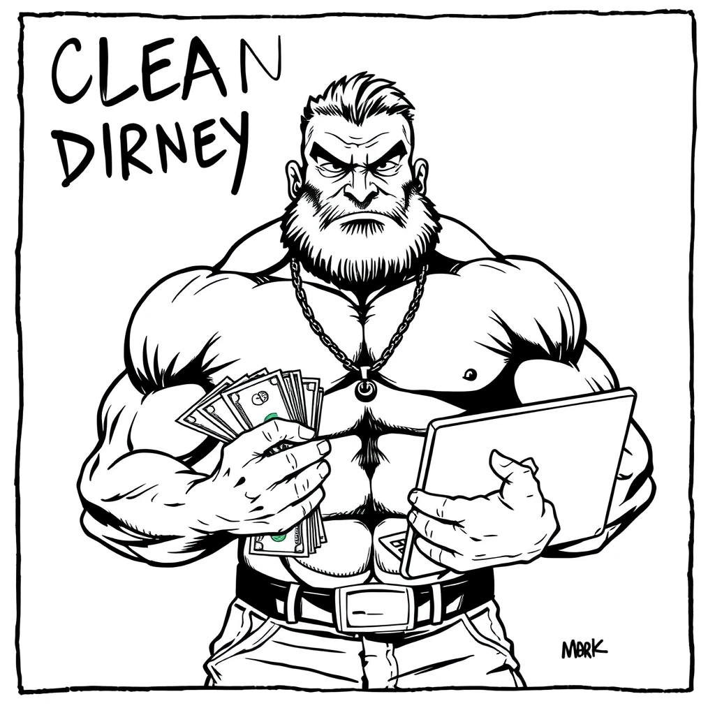 Black ink comic monochromatic style of a muscular gigachad holding a wad of cash and a MacBook. Text says “Clean Money Dirty Bulk”.