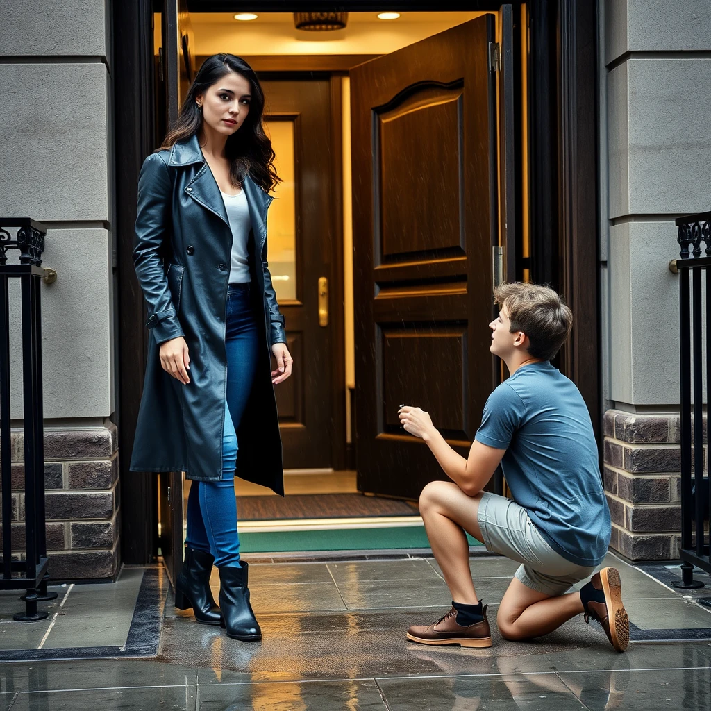 A confident, young brunette in tight blue jeans, a long black leather trench coat, and leather knee-high boots with a short heel, is arriving at her apartment building in rainy weather. A young man dressed in a plain t-shirt and shorts is kneeling on the ground in front of her, picking up the keys she dropped. DSLR photo.