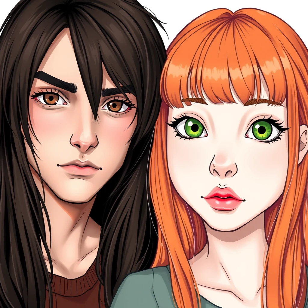 A young guy with long dark brown hair parted in the middle, sharp facial features, pale skin, light brown eyes, thick eyebrows, and long eyelashes, next to a cute white ginger girl with a turned-up small nose, pink lips, green eyes, and long bangs.