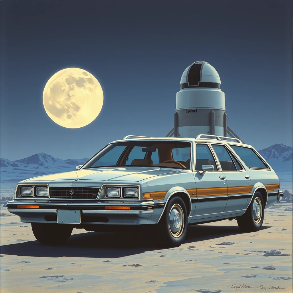 Front corner view, a 1980s-futuristic station wagon concept, a painting by Syd Mead, sleek, moon setting, the lunar lander is in the background.