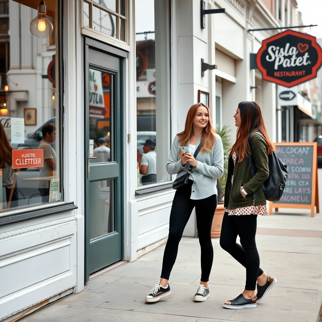 Two young women are chatting outside a restaurant, and their shoes can be seen. There is a sign outside the restaurant, and the words on the sign are clearly visible. - Image