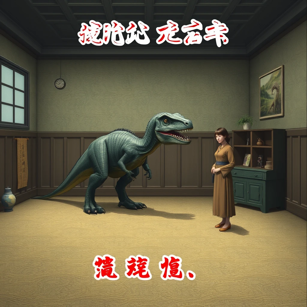 In a real room, there is a dinosaur and a woman, with Chinese characters.