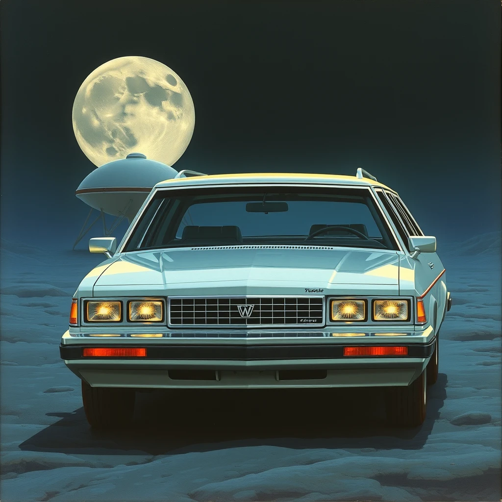 Front corner view, a 1980s-futuristic station wagon concept, a painting by Syd Mead, sleek, moon setting, lunar lander in the background.