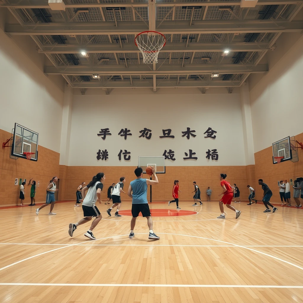 On a very large basketball court, men and women are playing basketball, with Chinese characters, Japanese, or Korean. Note that there should be both men and women.