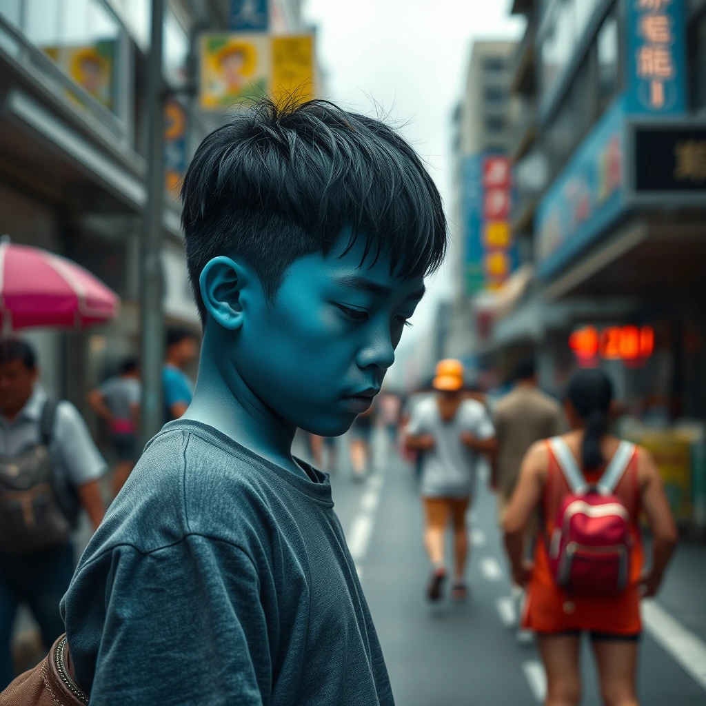 An Asian boy has deep blue skin; he walks down a busy city street with his head down. No one noticed him. Photorealistic, 8K.