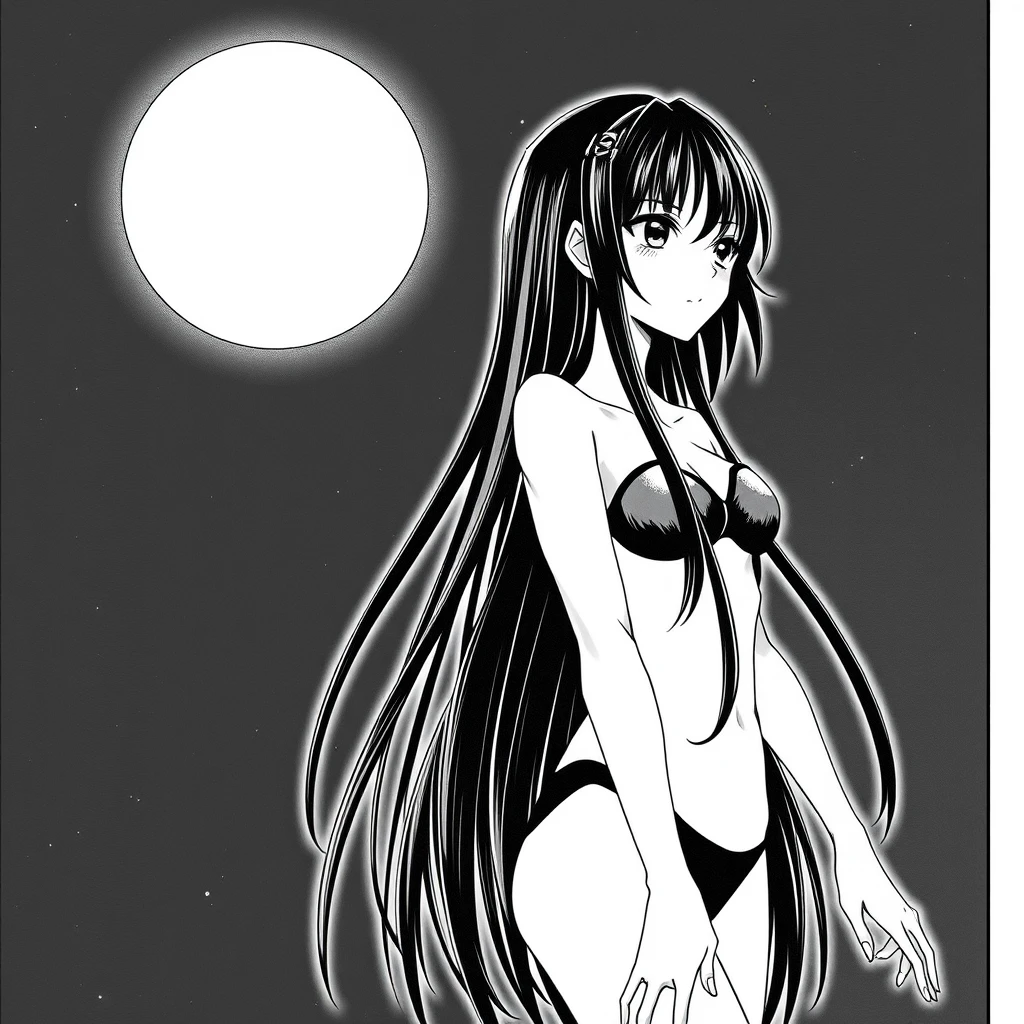 Girl with long, black hair in a black bikini. In the background, a black sky with a big, bright moon. Manga, grayscale.