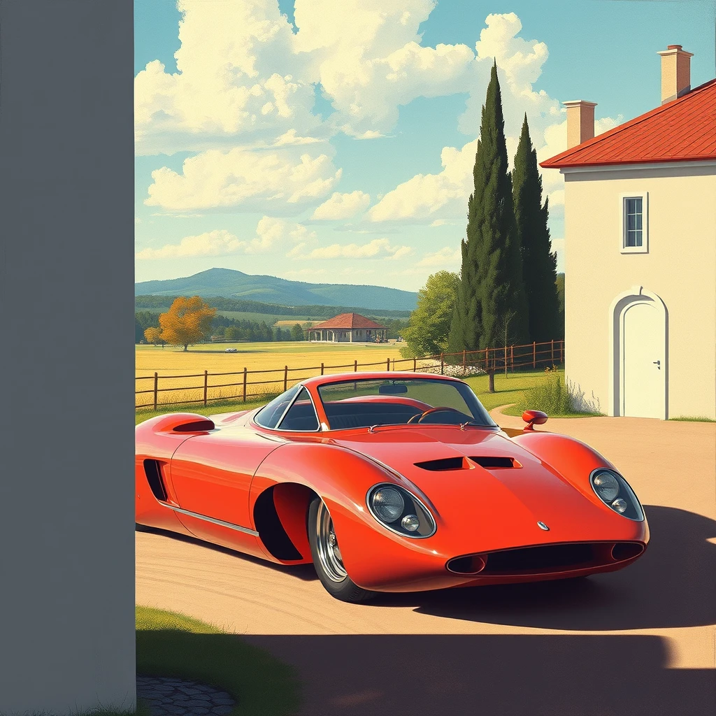 corner view, a retro-futuristic sports car concept, a painting by Syd Mead, sleek, country setting. - Image