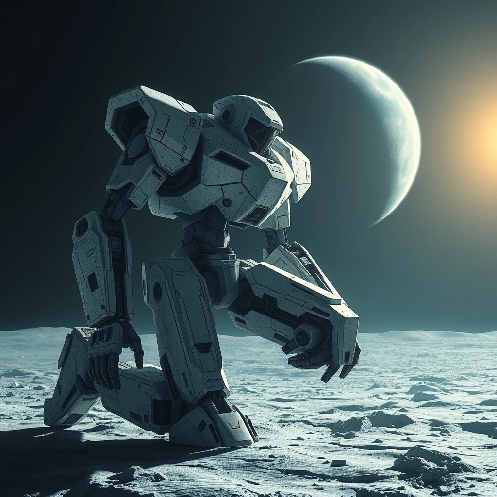 A giant robot with scars of battle all over its body kneeling on the moon's surface with the light shining from the right and the earth in the background. - Image